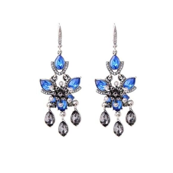 Blue Crystal Flower Silver Vintage Hook Dangle Statement Earrings - Picture 1 of 10